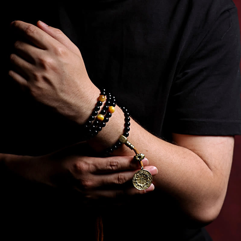 Tibetan 108 Mala Beads Black Onyx Tiger Eye Beads Nine Palaces Bagua Protection Bracelet