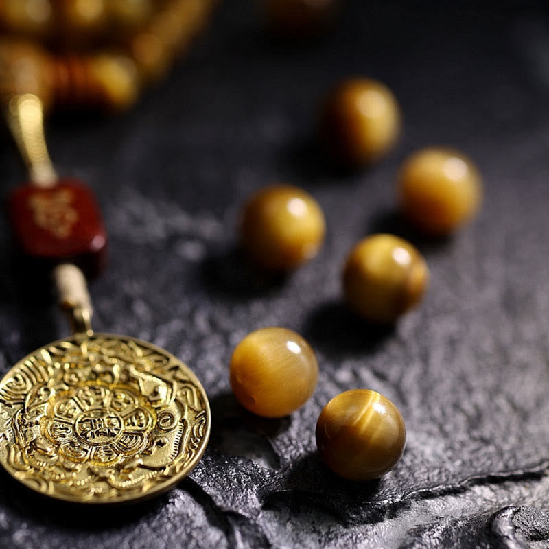108 Mala Beads Natural Tiger Eye Copper Dorje Protection Tassel Bracelet
