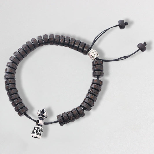 Tibet Coconut Shell Carved Om Mani Padme Hum Dorje Vajra Bell Happiness String Bracelet
