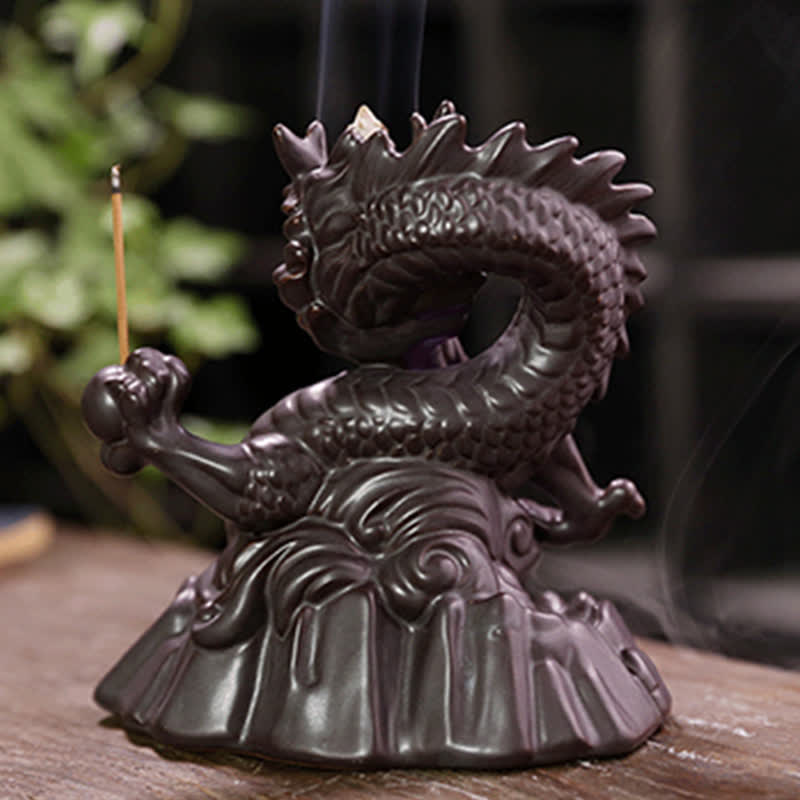 Auspicious Dragon Ceramic Backflow Smoke Fountain Meditation Incense Burner Led Ball Decoration