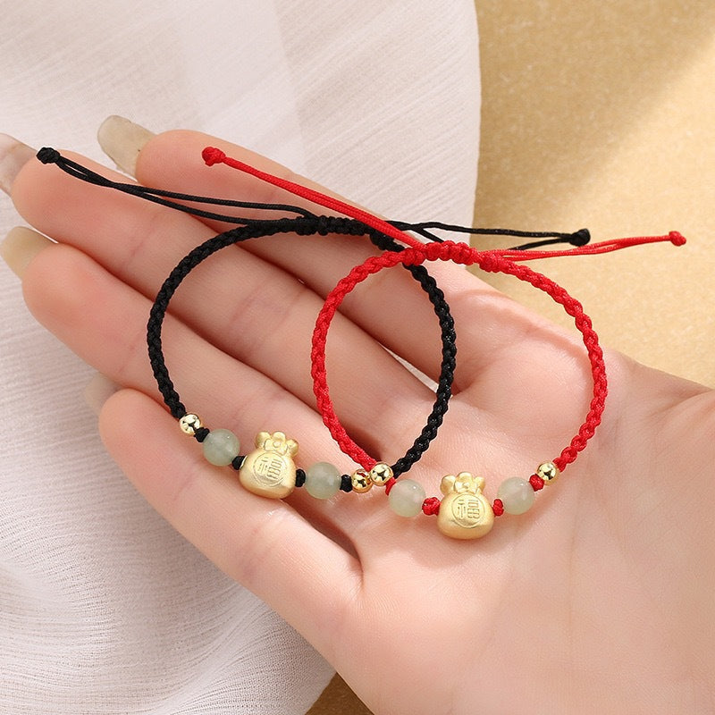 Lucky Money Bag Fu Character Jade Bead Luck Braided Bracelet