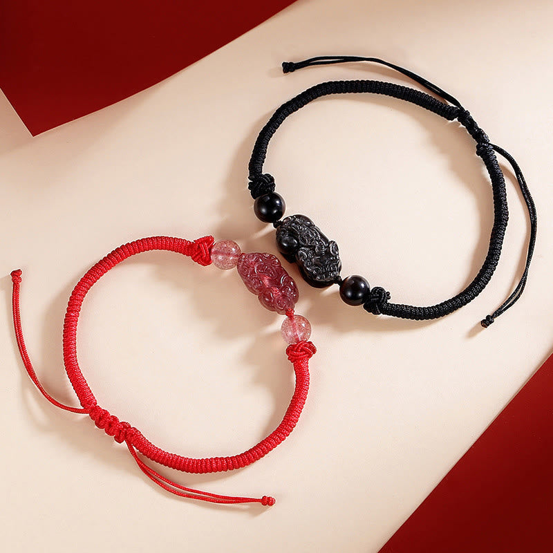 Handmade Natural Silver Sheen Obsidian Strawberry Quartz PiXiu Protection Braided Bracelet