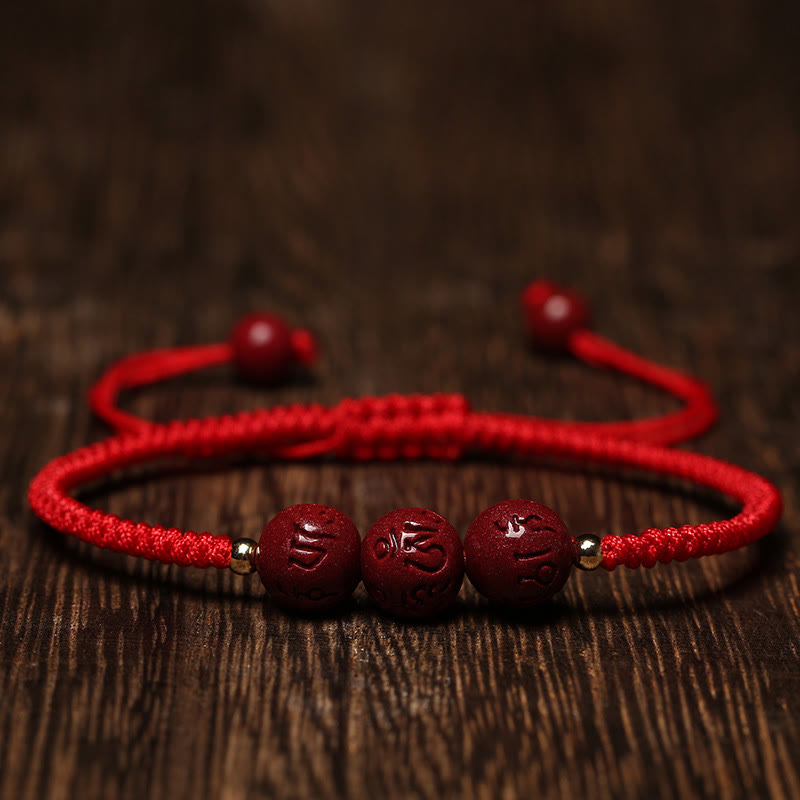 Handmade Cinnabar Om Mani Padme Hum Engraved Beads Blessing Braided Bracelet