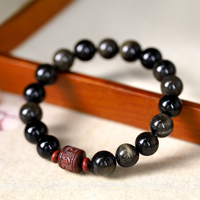 Natural Gold Sheen Obsidian Rainbow Obsidian Om Mani Padme Hum Fu Character Bracelet