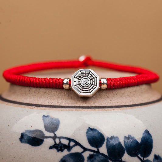 925 Sterling Silver Yin Yang Bagua Symbol Cinnabar String Concentration Bracelet