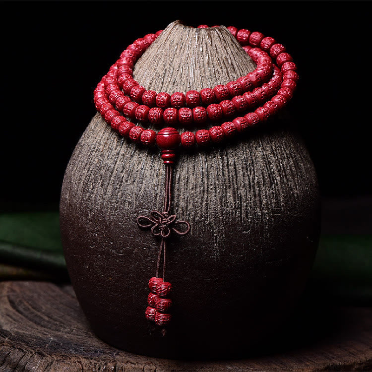 108 Mala Beads Cinnabar Om Mani Padme Hum Pattern Engraved Blessing Bracelet