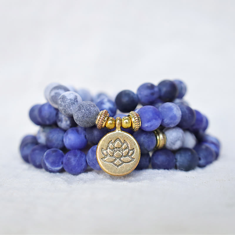 108 Natural Picasso Jasper & Blue Stone Mala Bead Lotus Pendant Bracelet