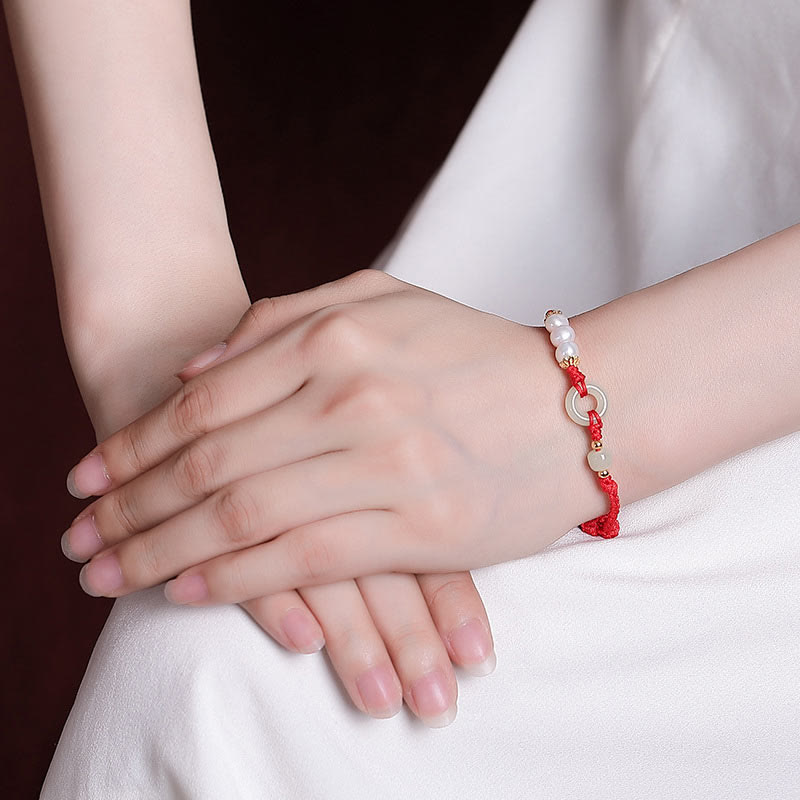 925 Sterling Silver Plated Gold Hetian Jade Peace Buckle Pearl Luck Bracelet