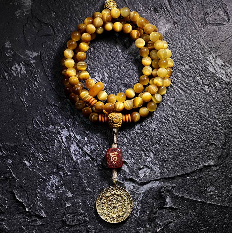 108 Mala Beads Natural Tiger Eye Copper Dorje Protection Tassel Bracelet