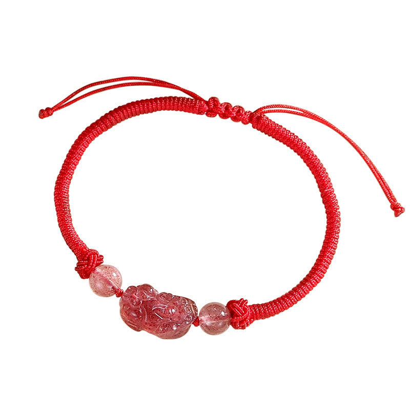 Handmade Natural Silver Sheen Obsidian Strawberry Quartz PiXiu Protection Braided Bracelet