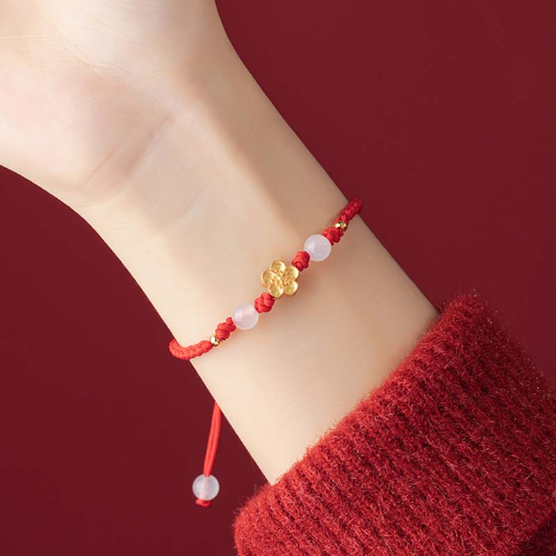 Handmade 925 Sterling Silver Peach Blossom Cherry Sakura Chalcedony Bead Luck Red Rope Bracelet