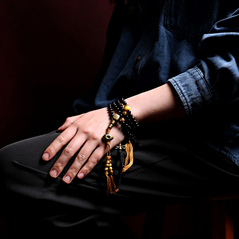 Tibetan 108 Mala Beads Black Onyx Tiger Eye Beads Nine Palaces Bagua Protection Bracelet