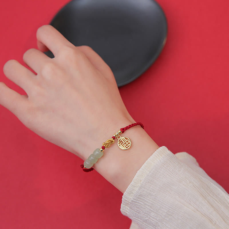 Handcrafted Jade Bead Fu Character Charm Luck Red Rope Bracelet