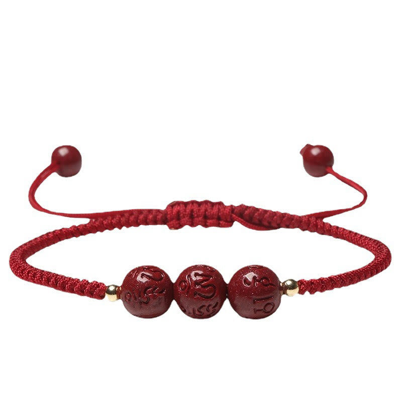 Handmade Cinnabar Om Mani Padme Hum Engraved Beads Blessing Braided Bracelet