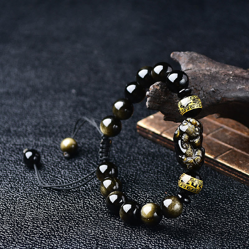 Natural Gold Sheen Obsidian PiXiu Om Mani Padme Hum Wealth Braided Bracelet