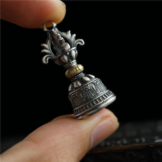 Tibet 925 Sterling Silver Om Mani Padme Hum Dorje Bell Vajra Engraved Enlightenment Pendant Hanging Decoration