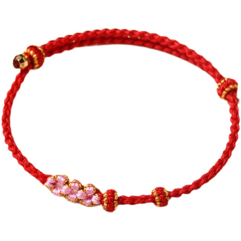 Handmade Peach Blossom Protection Braided Rope Bracelet