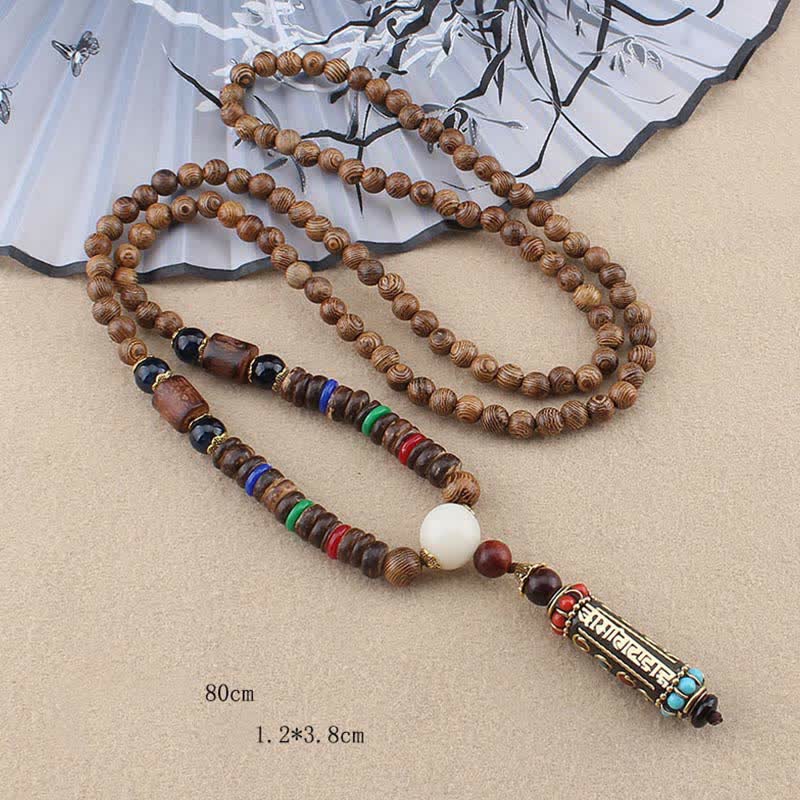 Tibetan Om Mani Padme Hum Dzi Bead Wenge Wood Necklace Pendant