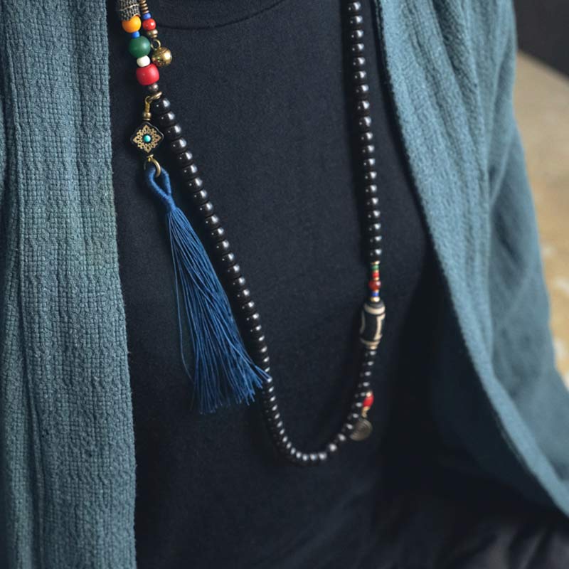 108 Beads Mala Ebony Wood Dzi Bead Copper Balance Tassel Bracelet