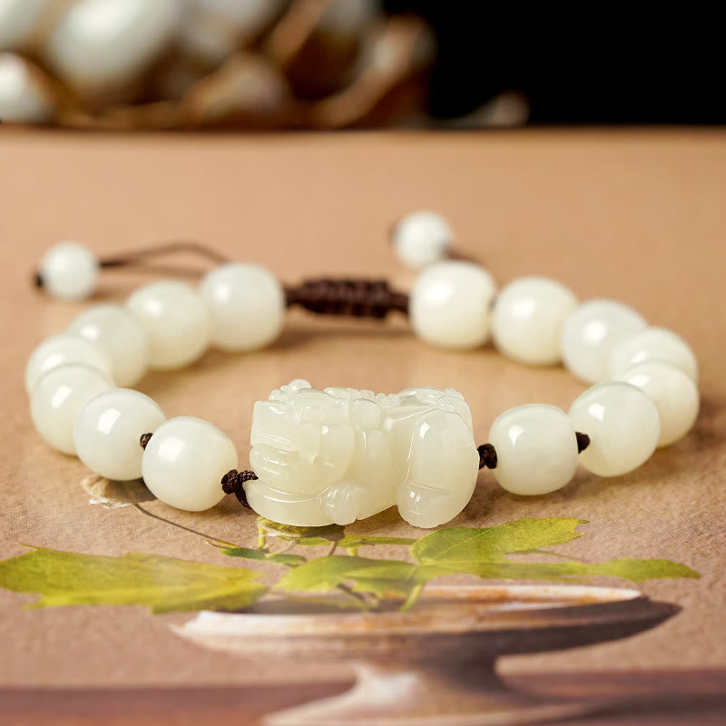 Natural Hetian White Jade PiXiu Wealth String Bracelet