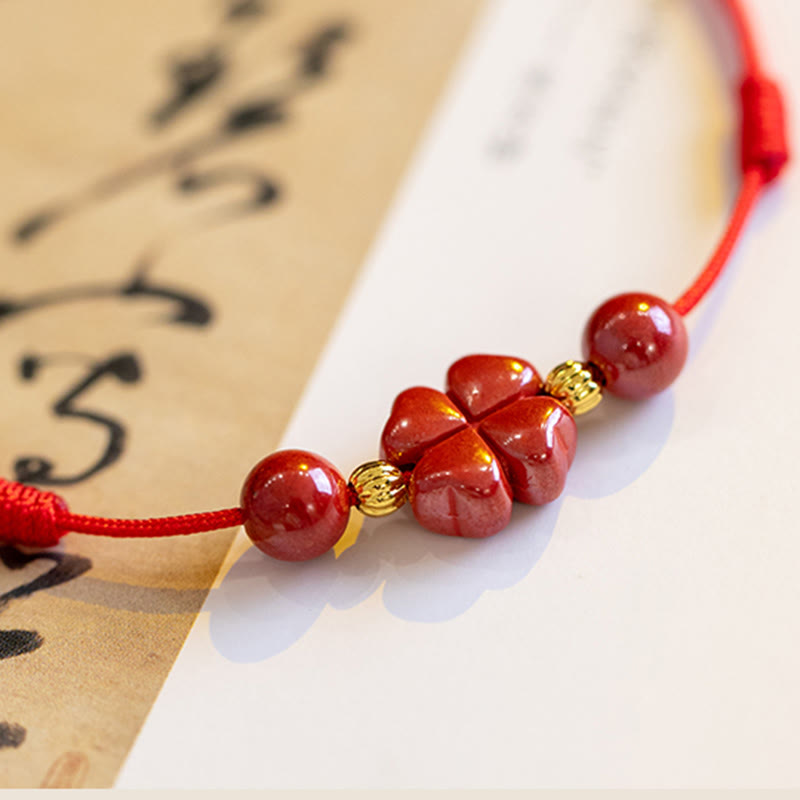 Four Leaf Clover Cinnabar Blessing Calm String Bracelet Anklet