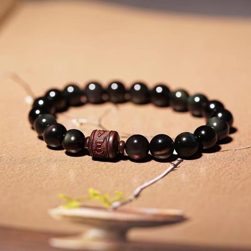 Natural Gold Sheen Obsidian Rainbow Obsidian Om Mani Padme Hum Fu Character Bracelet