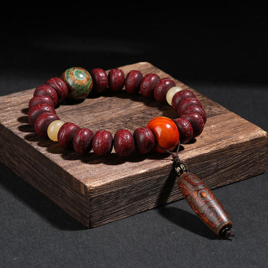 Tibet Bodhi Seed Dzi Bead Dancing Lion Luck Bracelet Wrist Mala