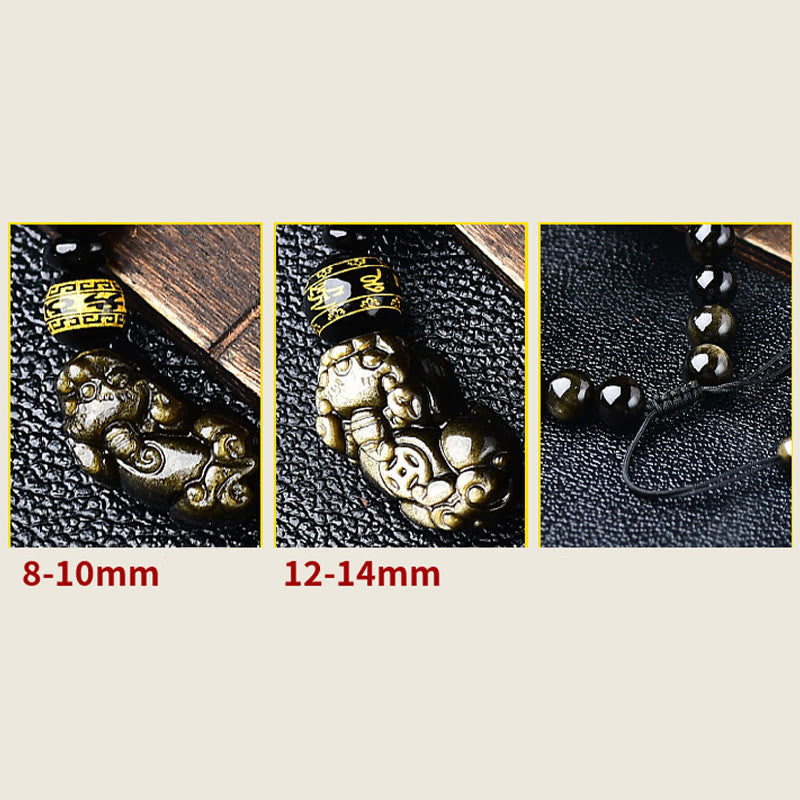 Natural Gold Sheen Obsidian PiXiu Om Mani Padme Hum Wealth Braided Bracelet