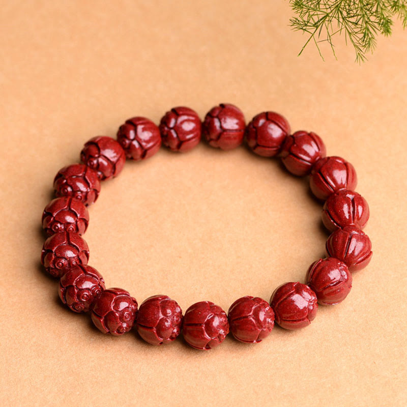 Natural Cinnabar Om Mani Padme Hum Fret Pattern Lotus Blessing Bracelet