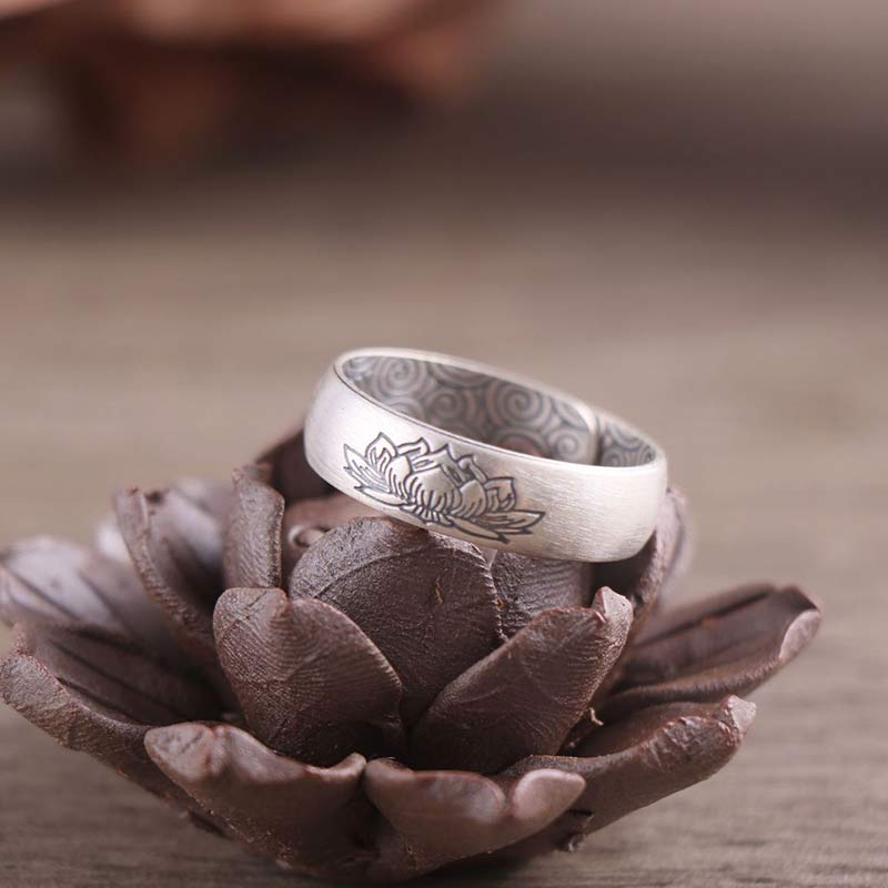 999 Sterling Silver Lotus Elephant Six True Words Blessing Ring