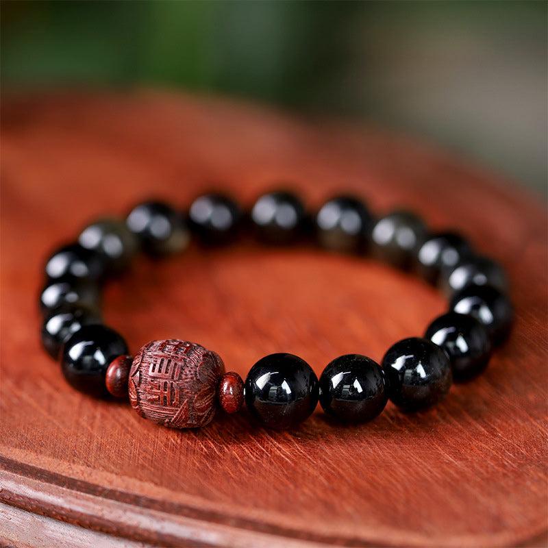 Natural Gold Sheen Obsidian Rainbow Obsidian Om Mani Padme Hum Fu Character Bracelet