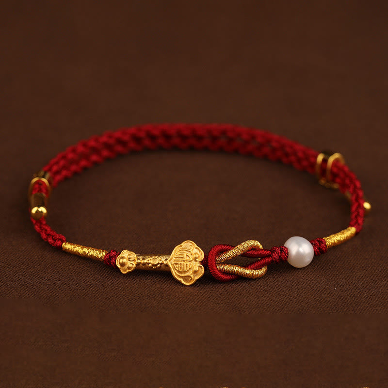 24K Gold Wish Ruyi Handle Fu Character Rabbit Pearl Luck Braided Bracelet