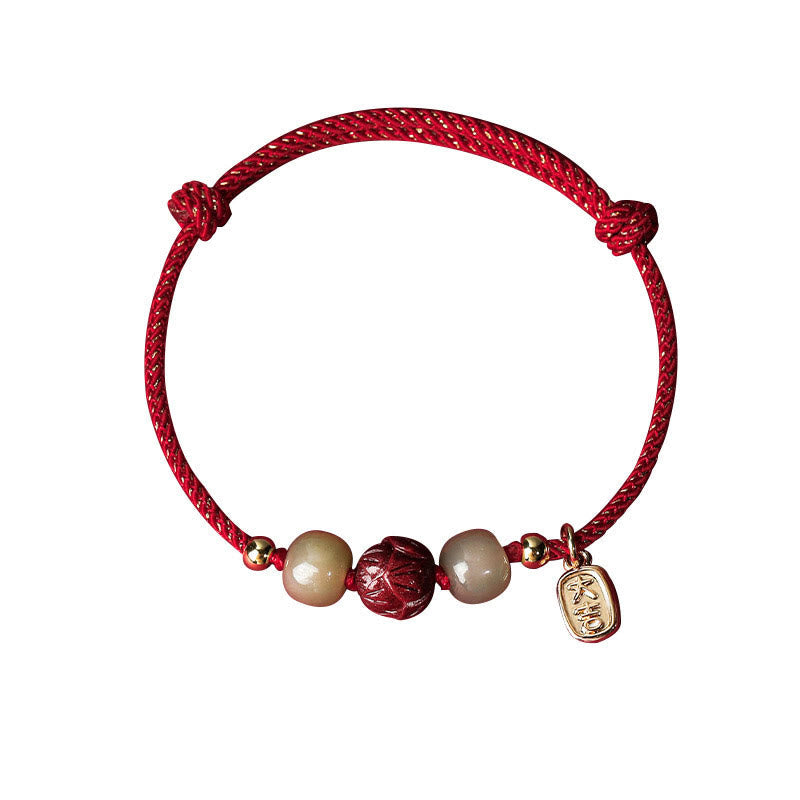 14K Gold Plated Hetian Jade Cinnabar Lotus Luck Handcrafted Rope Bracelet