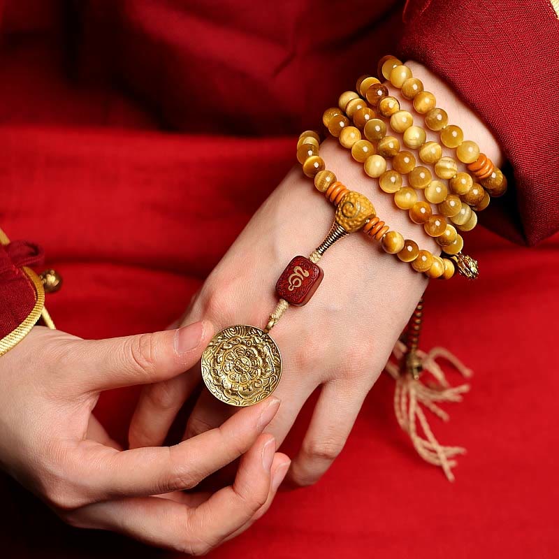 108 Mala Beads Natural Tiger Eye Copper Dorje Protection Tassel Bracelet