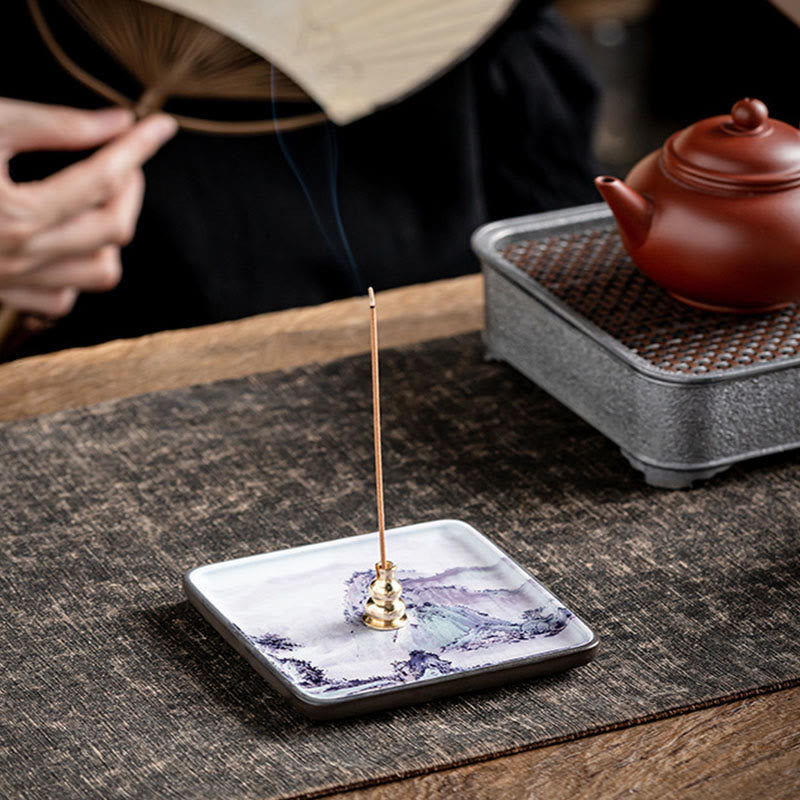 Mountain Lake Flower Leaf Ceramic Plate Tray Stick Incense Burner Decoration