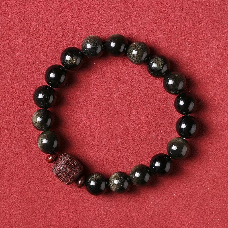 Natural Gold Sheen Obsidian Rainbow Obsidian Om Mani Padme Hum Fu Character Bracelet