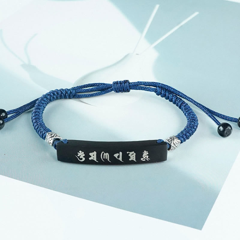 Buddhism Six True Words Wood Ebony Wood Silver Inlaid Protection Bracelet