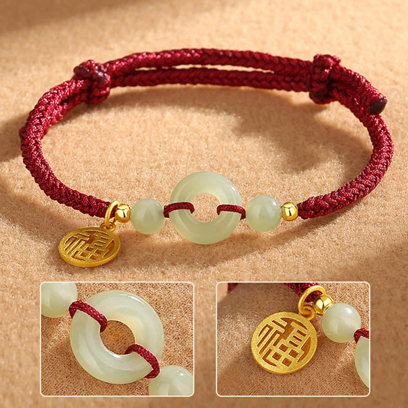 925 Sterling Silver Hetian Jade Peace Buckle Fu Character Charm Abundance Bracelet