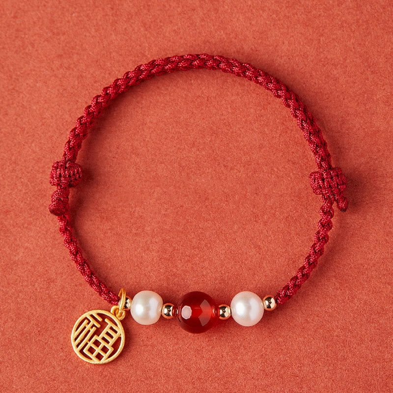 925 Sterling Silver Good Fortune Fu Character Agate Pearl Red String Braid Bracelet