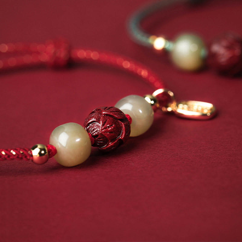 14K Gold Plated Hetian Jade Cinnabar Lotus Luck Handcrafted Rope Bracelet