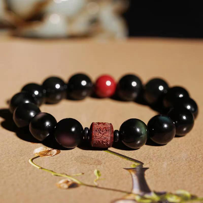 Natural Gold Sheen Obsidian Rainbow Obsidian Om Mani Padme Hum Fu Character Bracelet