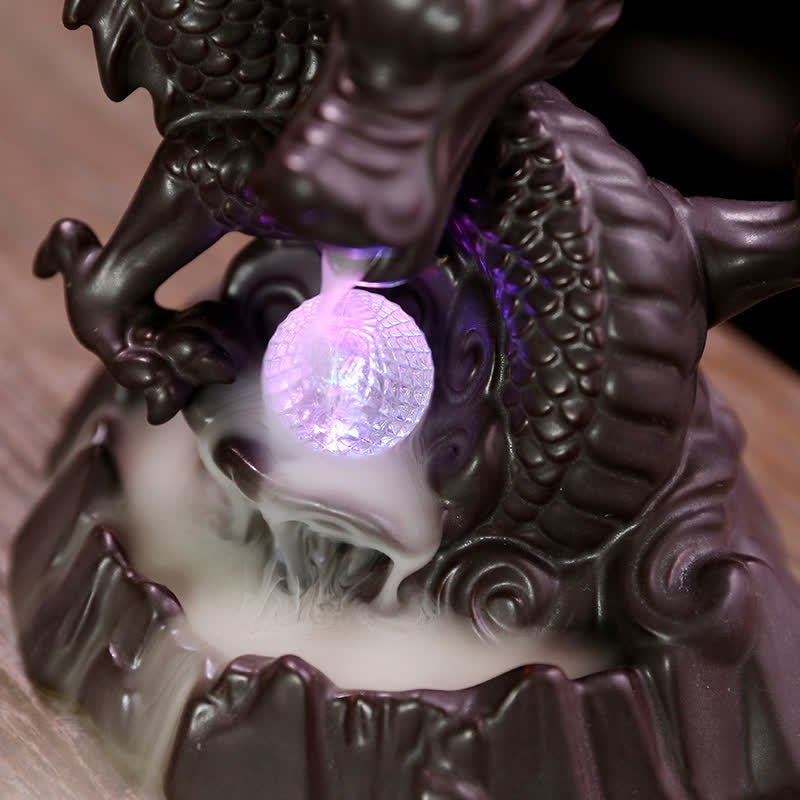 Auspicious Dragon Ceramic Backflow Smoke Fountain Meditation Incense Burner Led Ball Decoration