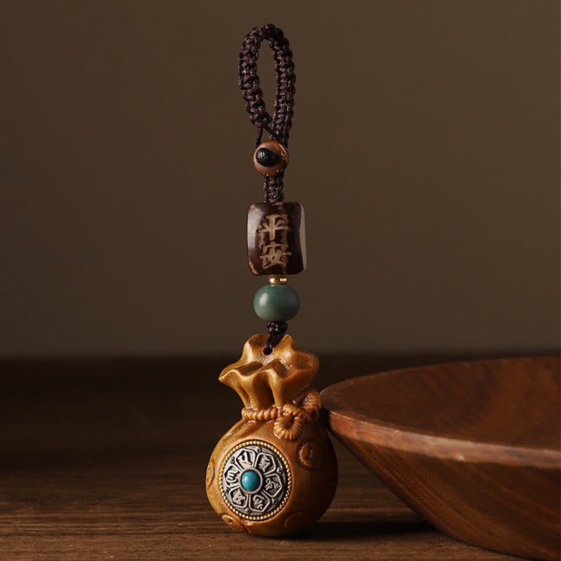 Small Leaf Red Sandalwood Green Sandalwood Money Bag Om Mani Padme Hum Rotatable Protection Keychain Phone Hanging Decoration