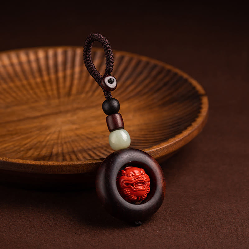 Tibet Om Mani Padme Hum PiXiu Copper Coin Small Leaf Red Sandalwood Cinnabar Protection Key Chain
