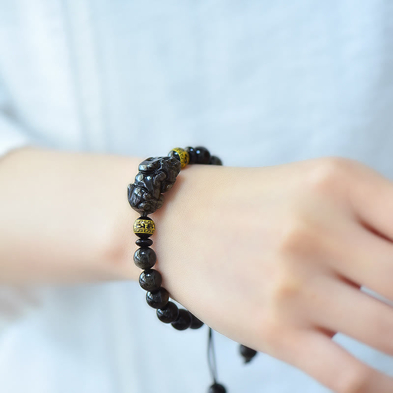 Natural Gold Sheen Obsidian PiXiu Om Mani Padme Hum Wealth Braided Bracelet