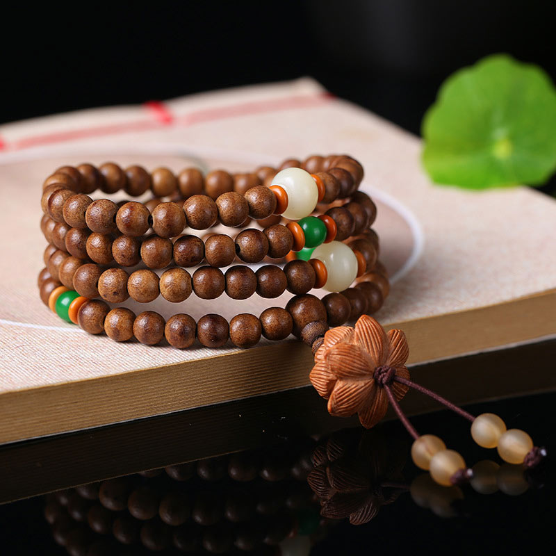 108 Mala Beads Peach Wood Bodhi Seed Lotus Prayer Meditation Bracelet