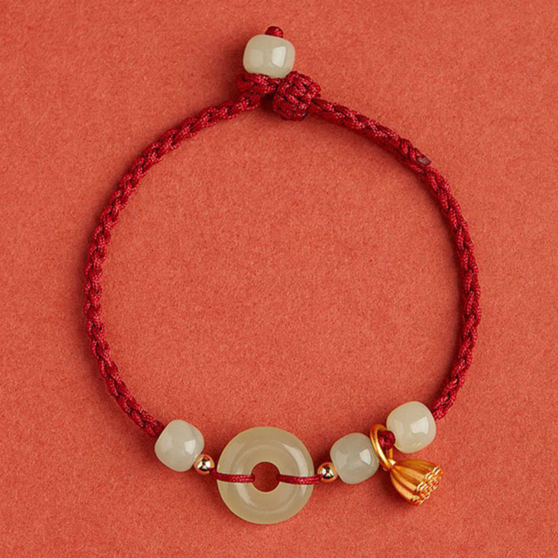 Round Peace Buckle Jade Lotus Happiness Abundance Wealth String Bracelet