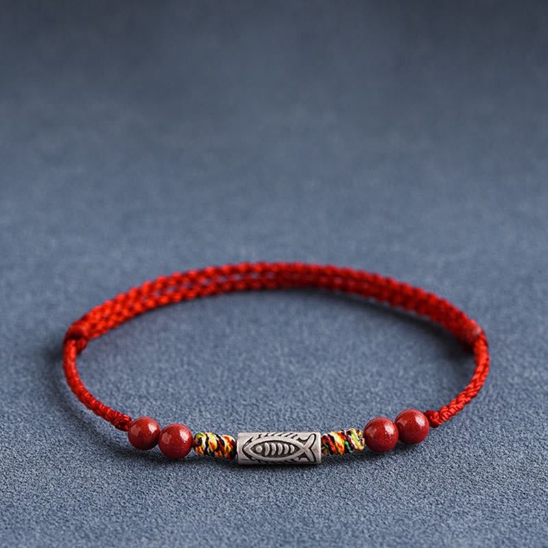 925 Sterling Silver Koi Fish Cinnabar Bead Wealth Handcrafted Braided Bracelet Anklet