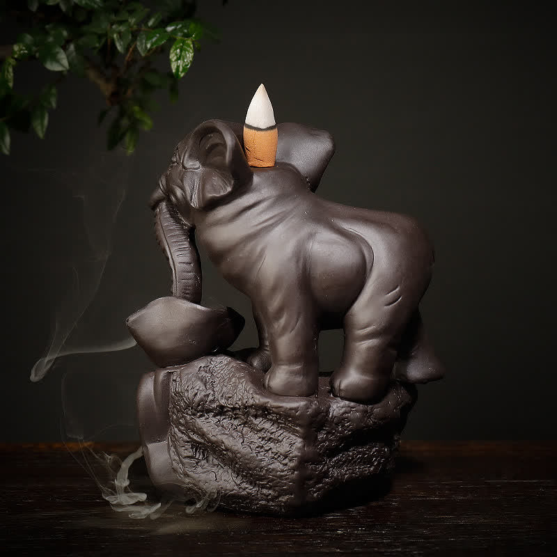 Tibetan Elephant Purple Clay Backflow Smoke Fountain Peace Incense Burner Decoration