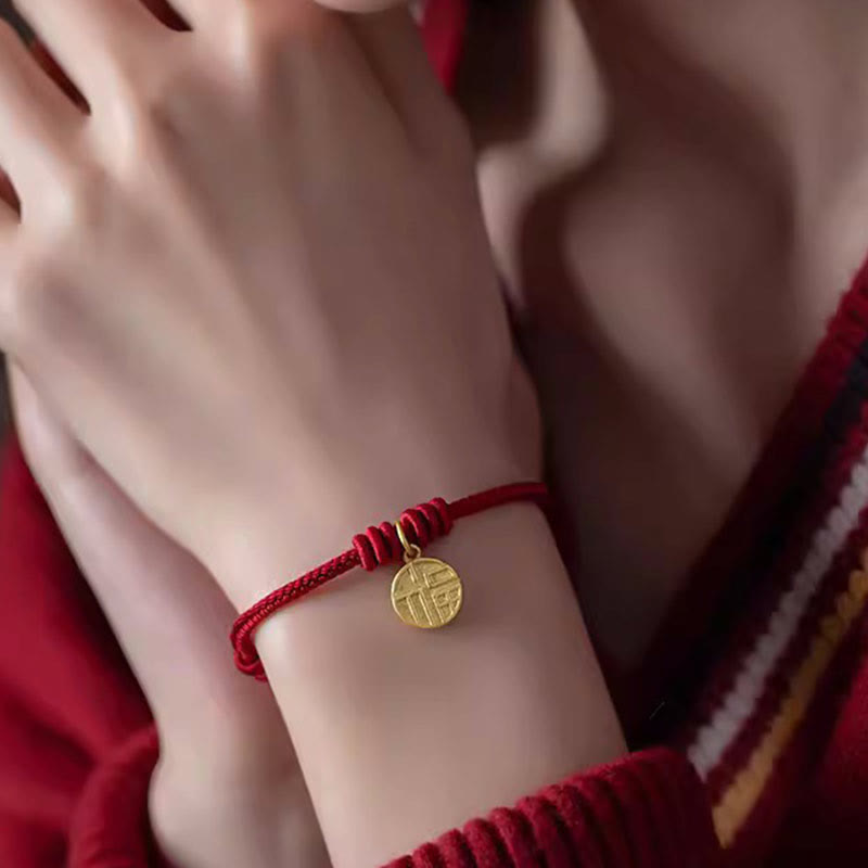 Handmade Eight Thread Peace Knot Fu Character Charm Luck Happiness Red Rope Bracelet